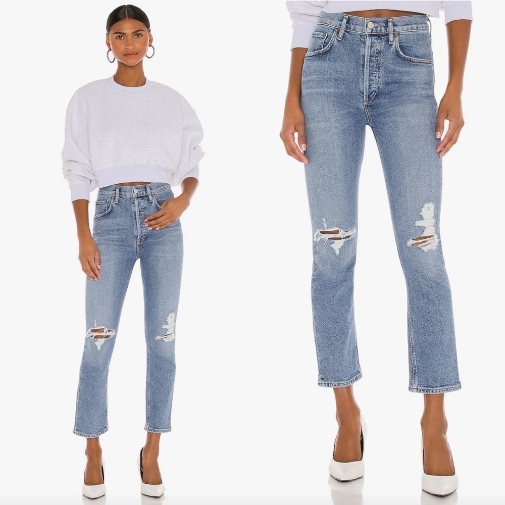 Agolde- Riley High Rise Straight Crop Jeans in Light Wash Whiplash Size 27